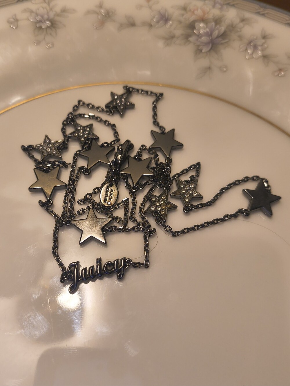 Vtg Juicy Couture Rhinestone Charm Celestial Necklace Gunmetal Stars Y2K